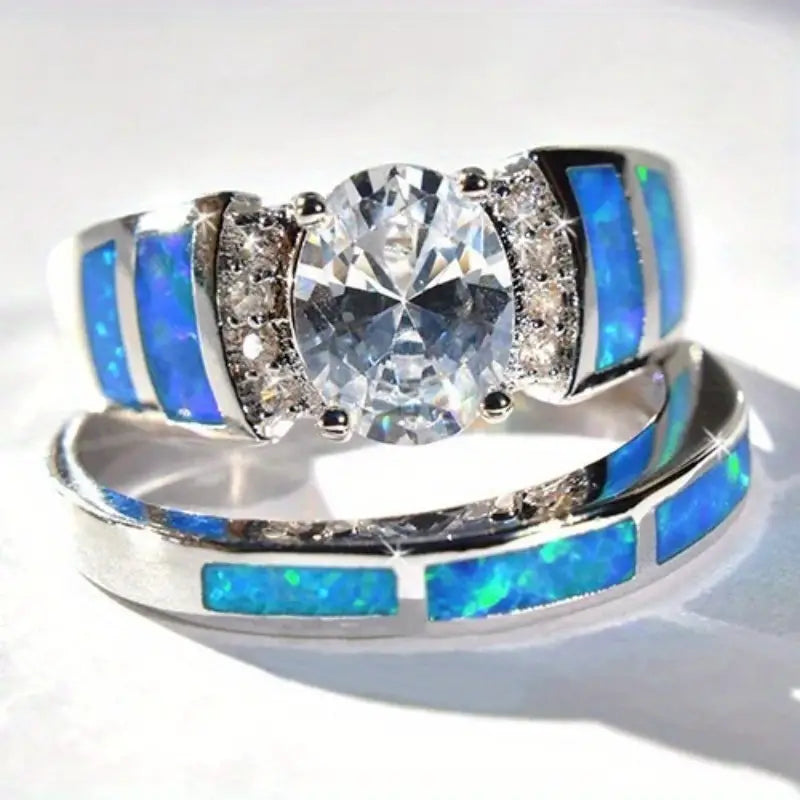 Elegant Blue Opal White Sapphire Rings - 2 Rings Set