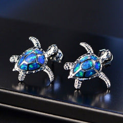 Blue Turtles Opal Dangle Stud Earrings Silver Plated