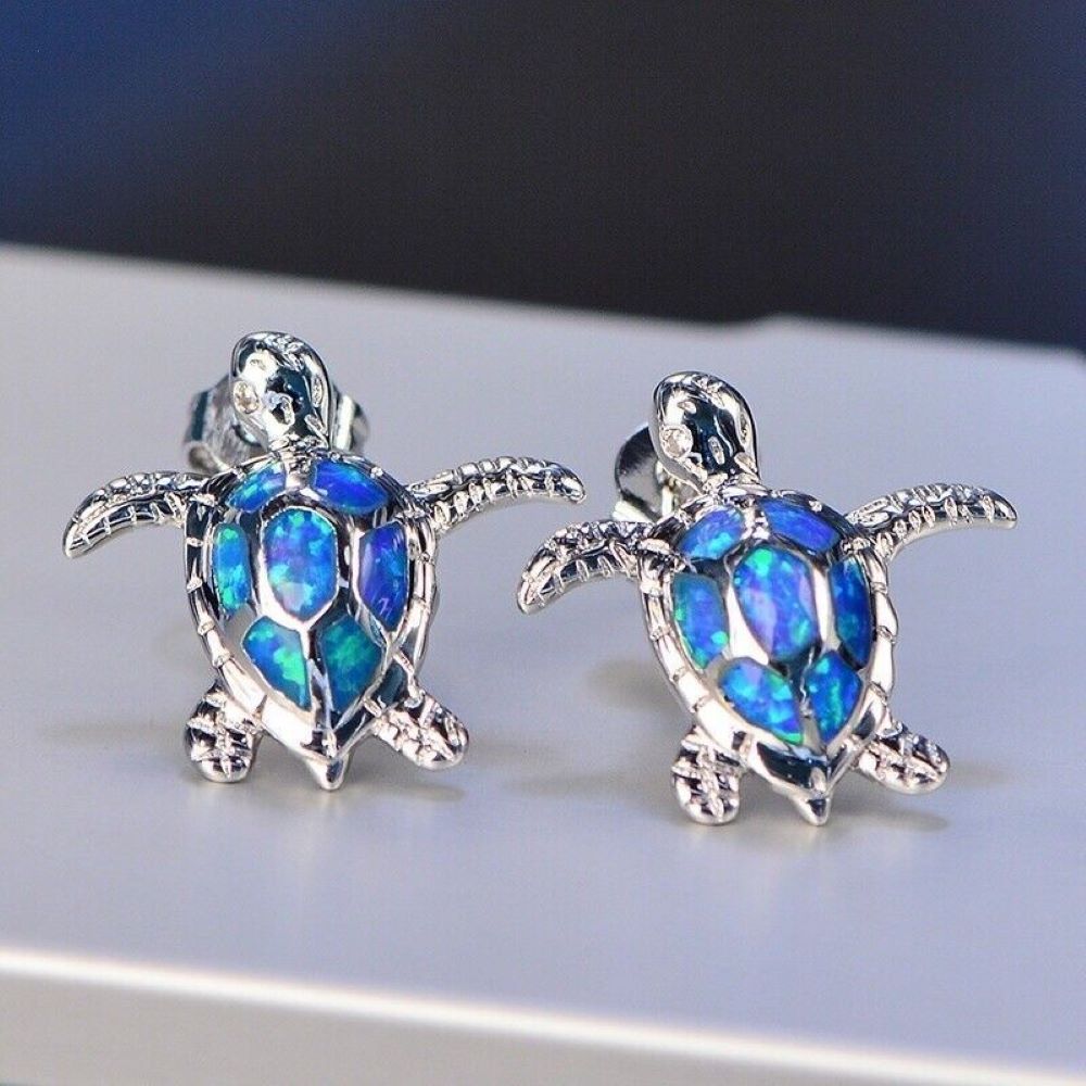 Blue Turtles Opal Dangle Stud Earrings Silver Plated