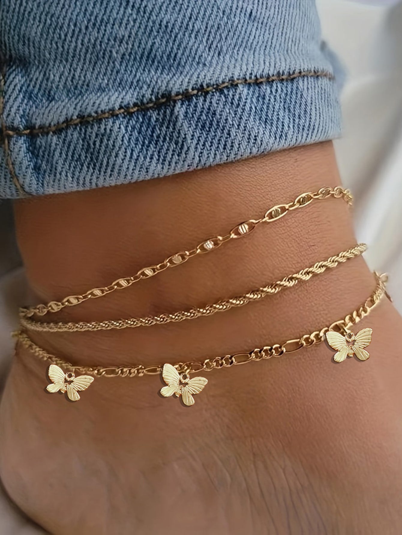 Butterfly Anklet Bracelet 3 Layer Chains