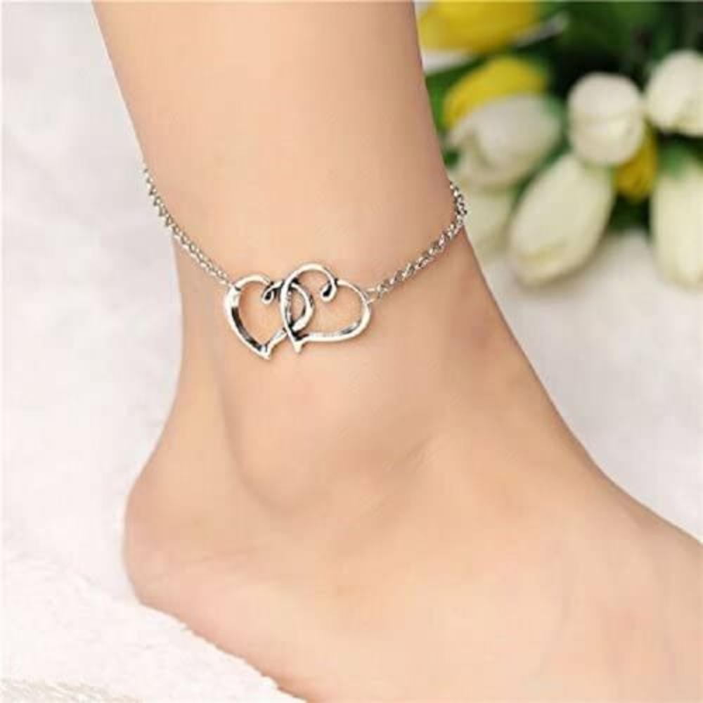 Double Heart Anklet Silver Chain Jewelry