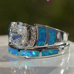 Elegant Blue Opal White Sapphire Rings - 2 Rings Set