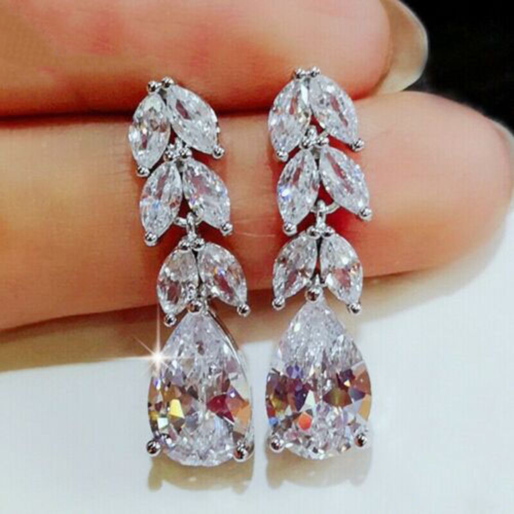 Gorgeous 925 Silver Plated Drop Earrings White Glass