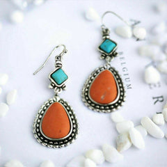 Orange Turquoise Pendant Drop Earrings Bohemian Art
