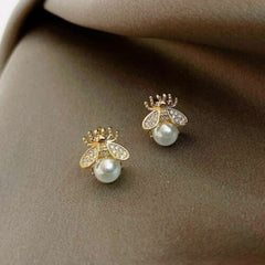 Silver Plated Bee Pearl Stud Earring